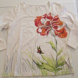 Chicos Cotton Flower Butterfly 3/4 Sleeve Top Large